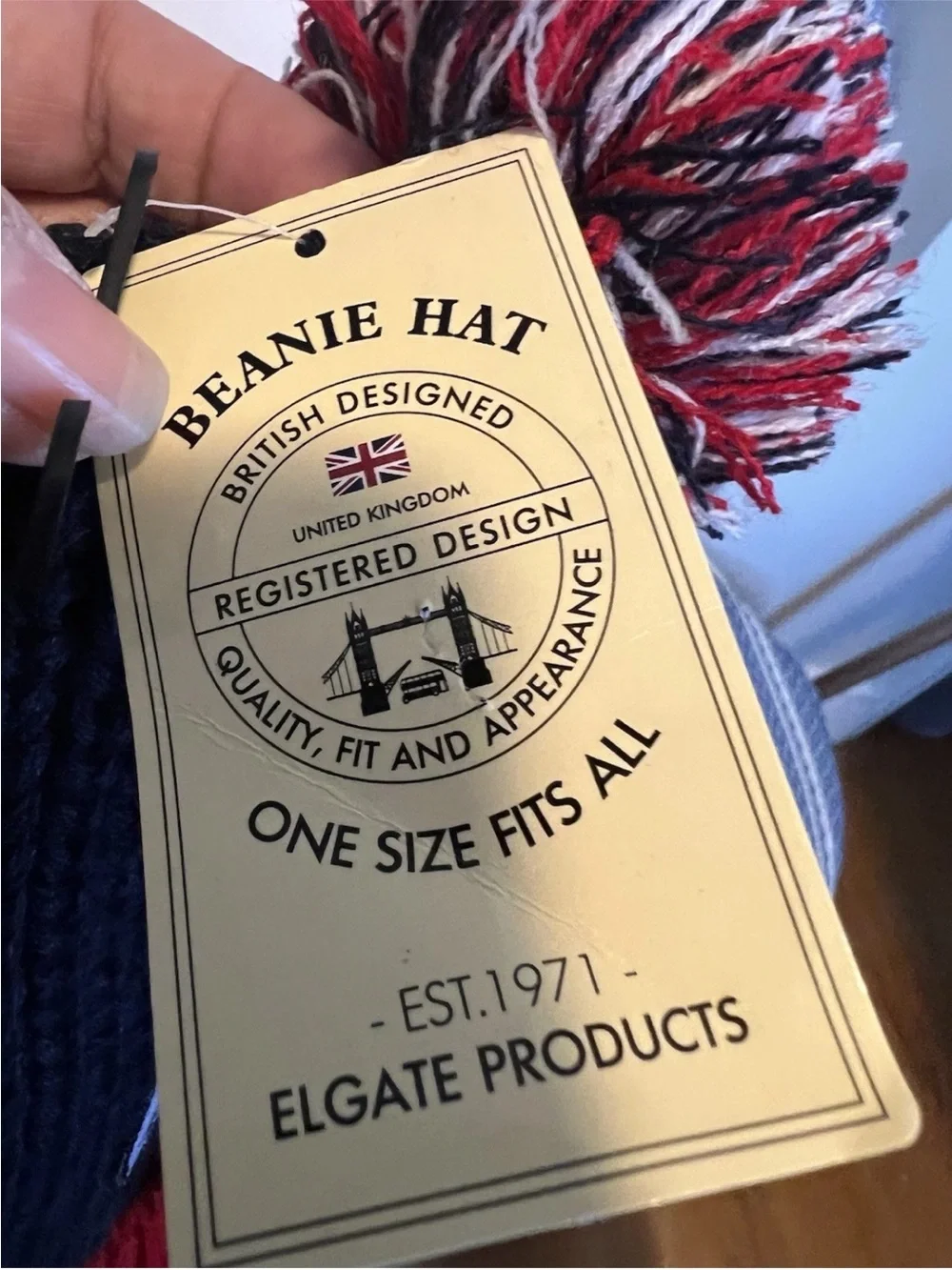 British Design I luv London, Rolling Stones Pom Pom Beanie Hat - Navy & Red